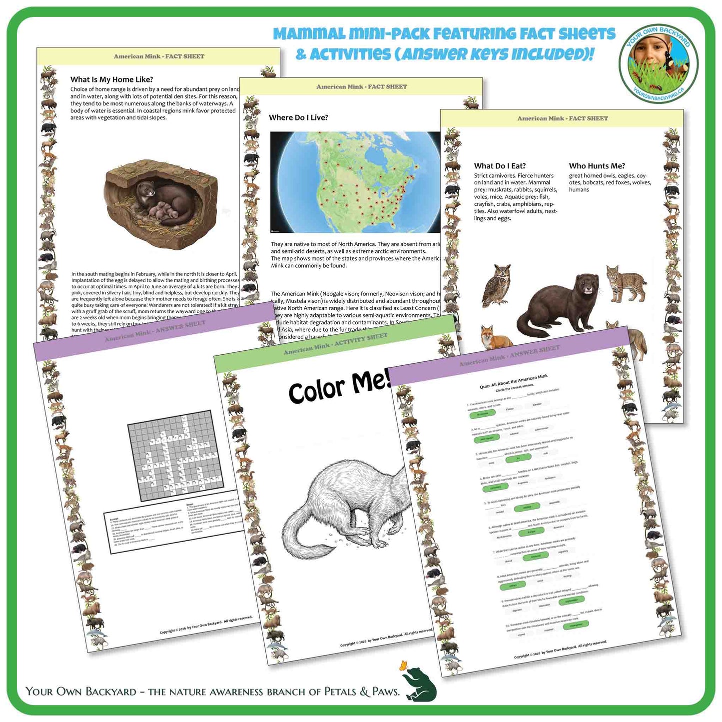 Educational materials on mammals with fact sheets, activities, and coloring pages.