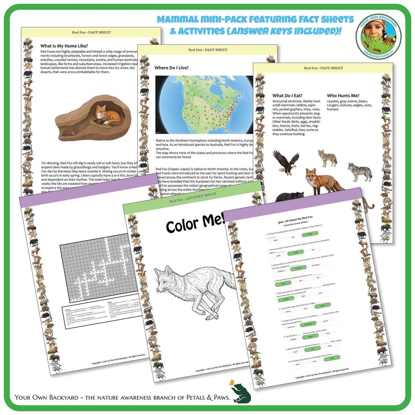 Educational materials for children featuring animal-themed activities and fact sheets.