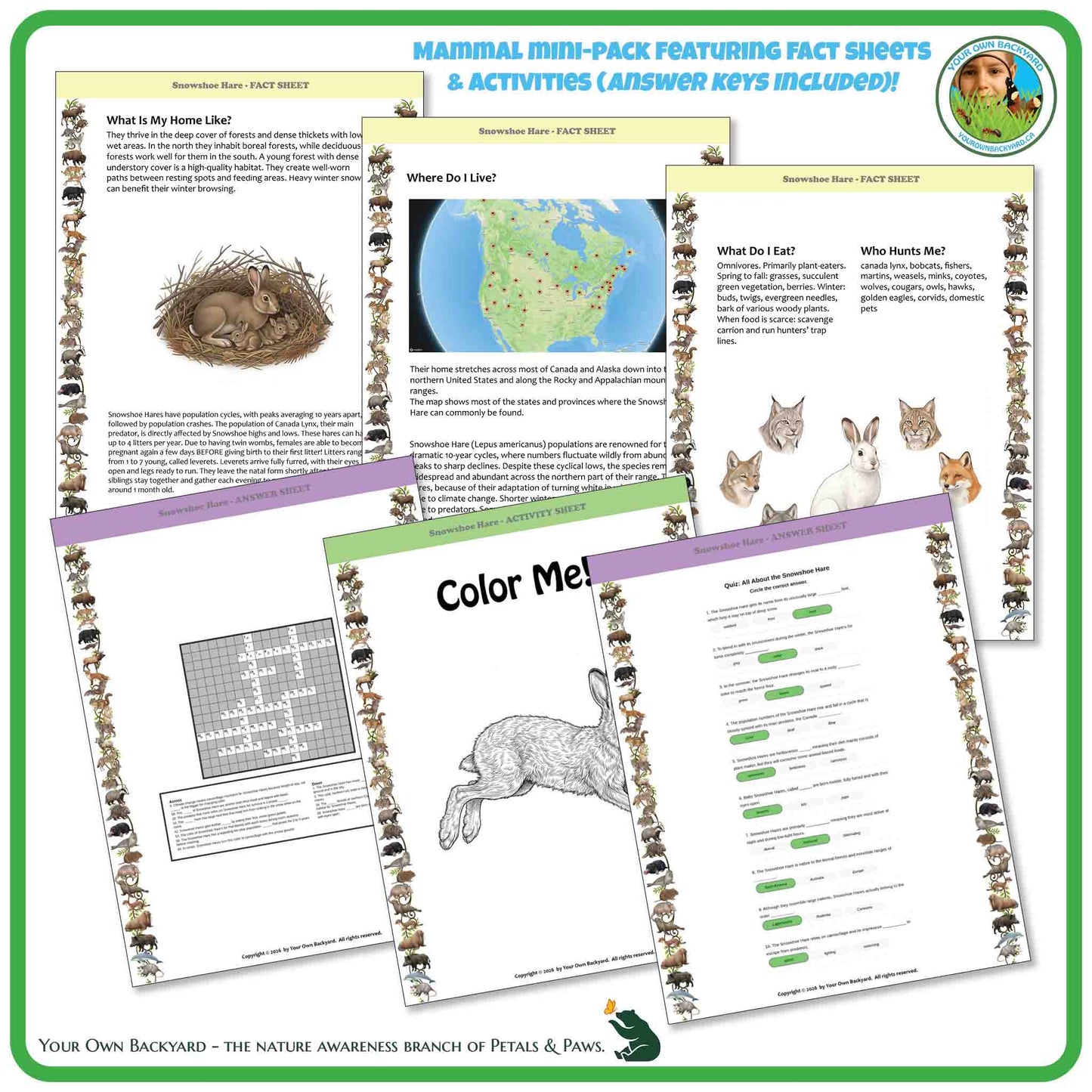 Educational materials for children featuring fact sheets and activities on mammals, with a focus on nature awareness.