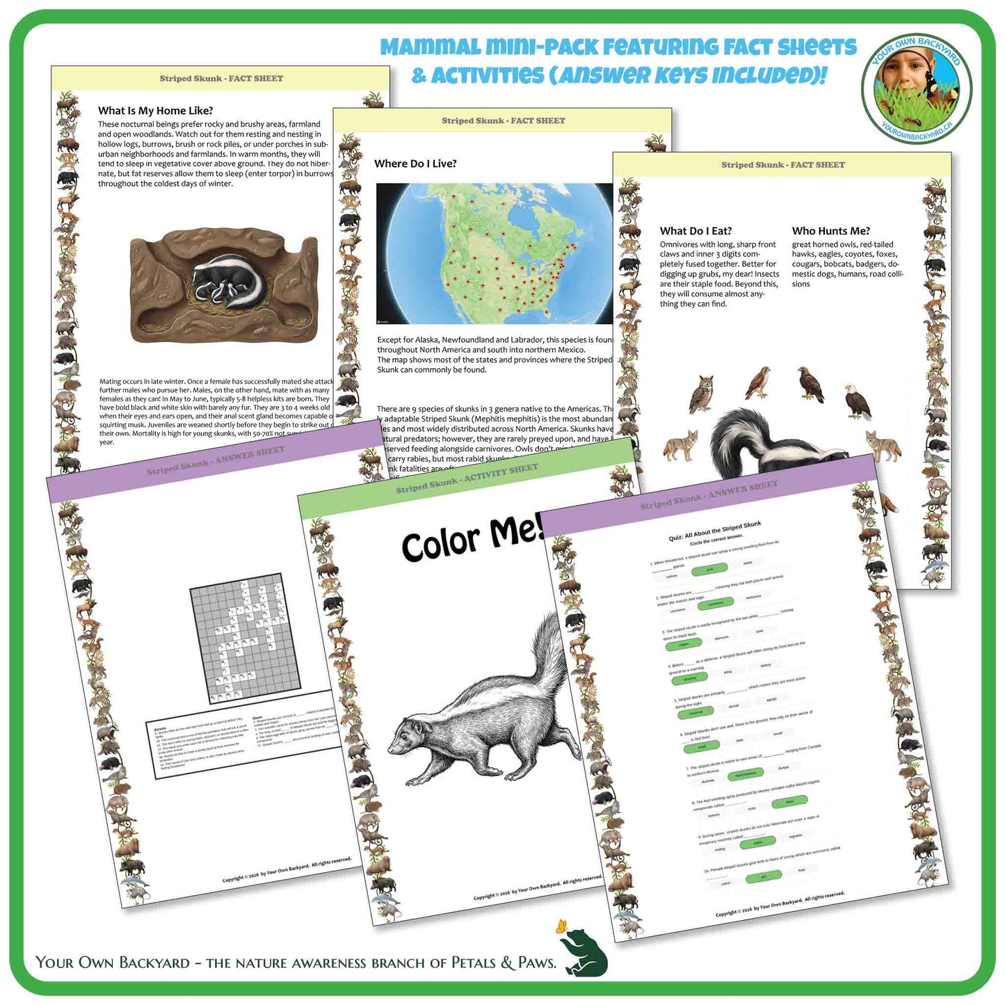 Educational materials on a white background with animal illustrations and text.