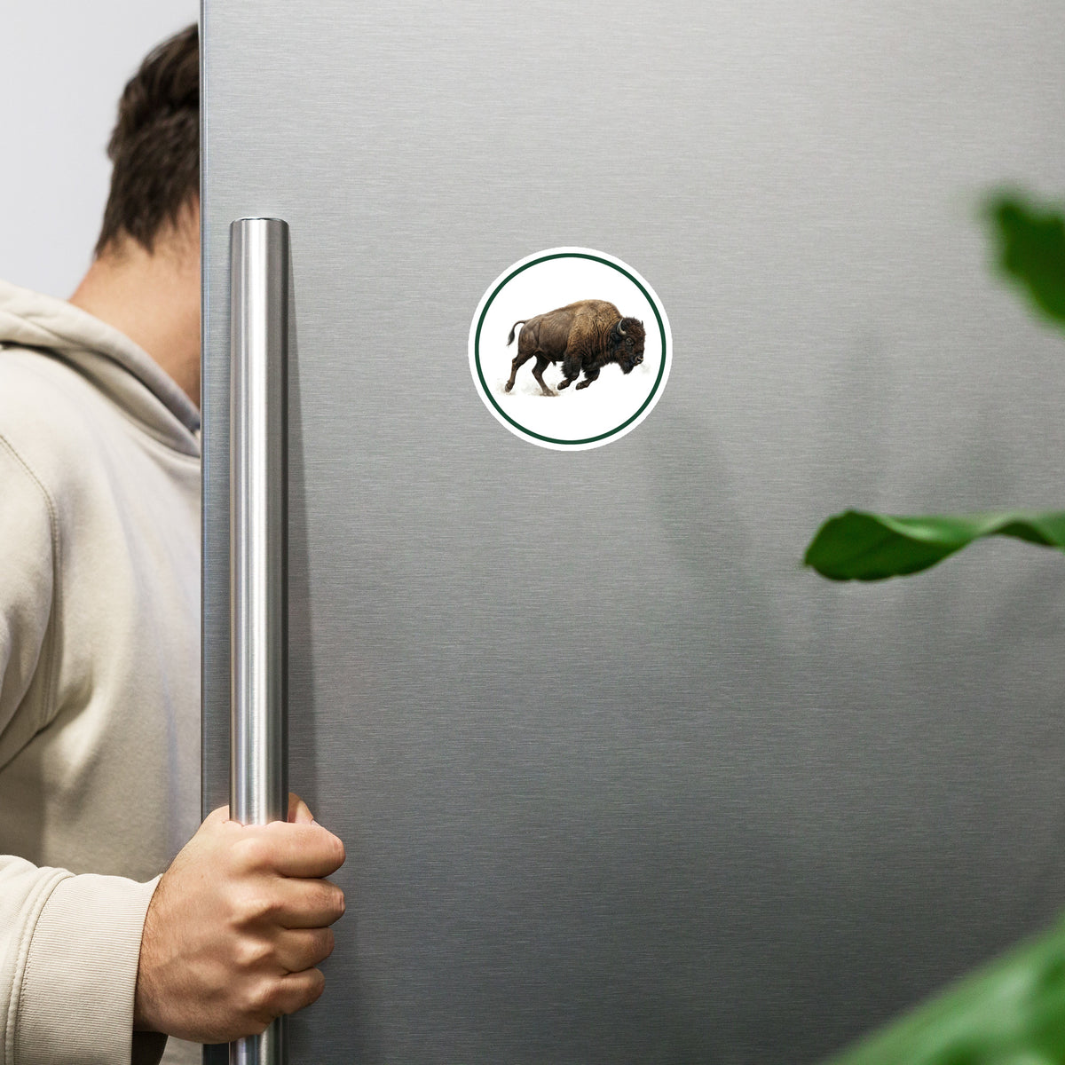 In-action product mockup of 4" realistic American Bison circular magnet on a refrigerator door. A man is holding the door open and looking inside the fridge.