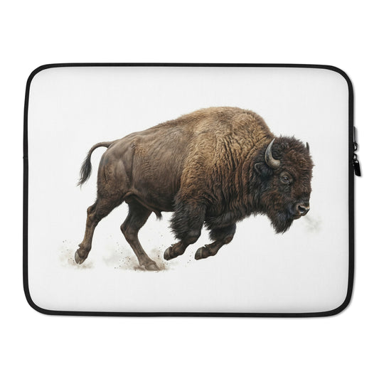 Product mockup of 15 inch American Bison Laptop Sleeve. This sleeve is white with zipper and features a realistic illustration of an American Bison (buffalo) in a running pose.