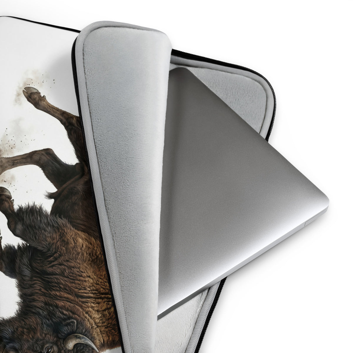 American Bison Laptop Sleeve open and turned back to reveal the protective faux fur interior lining.