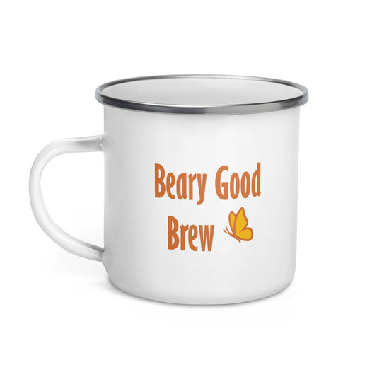 Product mockup of Petals & Paws' Beary Good enamel mug for left-hand orientation. Shows the text that faces out when drinking.
