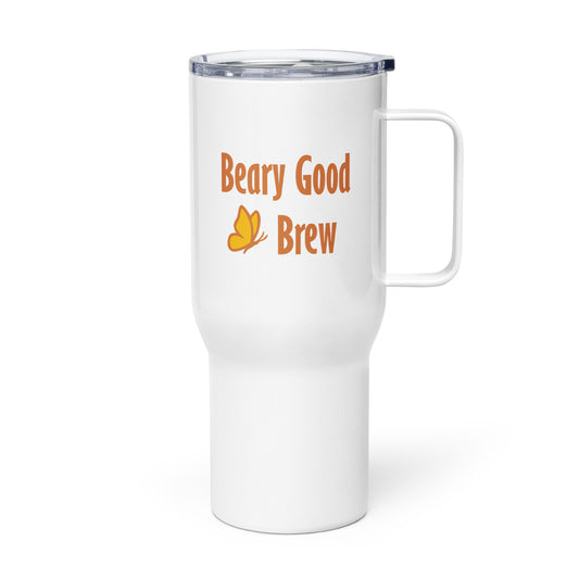 Product mockup of Petals & Paws 25 oz Beary Good Travel Mug for left-hand orientation. Shows the text, "Beary Good Brew" that faces out when drinking.