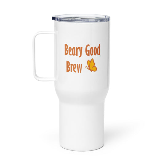 Product mockup of Petals & Paws 25 oz Beary Good Travel Mug for right-hand orientation. Shows the text, "Beary Good Brew" that faces out when drinking.