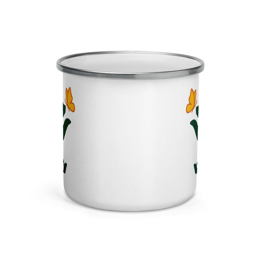 Side view of Beary Pair Enamel Mug. This view shows the pure white surface between the Petals & Paws green graphic bear with butterfly on either side.