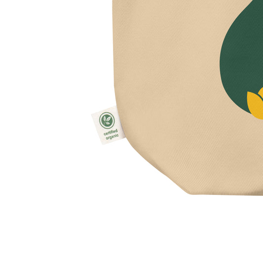 White and green certified organic tag shown extending from the corner of oyster cotton Beary Petals & Paws Eco Tote Bag.