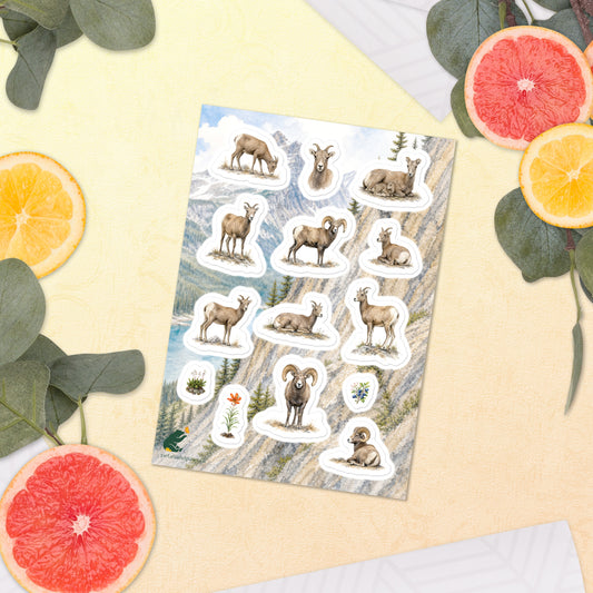 A sheet of kiss-cut stickers featuring Rocky Mountain landscape and bighorn sheep illustrations, placed next to citrus slices on a warm-colored background.