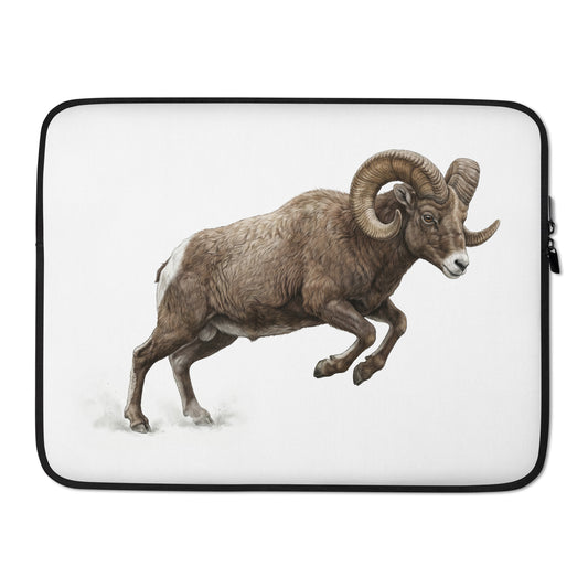 Product mockup of 15 inch Bighorn Sheep Laptop Sleeve. This sleeve is white with zipper and features a realistic illustration of a Bighorn Sheep in a running pose.