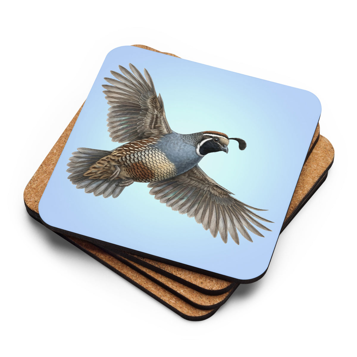 Product mockup of a stack of four California Quail Coasters. The top one reveals the quail is flying against a clear blue sky, while the ones underneath are flipped upside down to reveal their cork-backs.