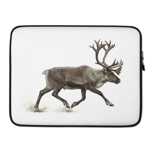 Product mockup of 15 inch Caribou Laptop Sleeve. This sleeve is white with zipper and features a realistic illustration of a Caribou in a running pose.