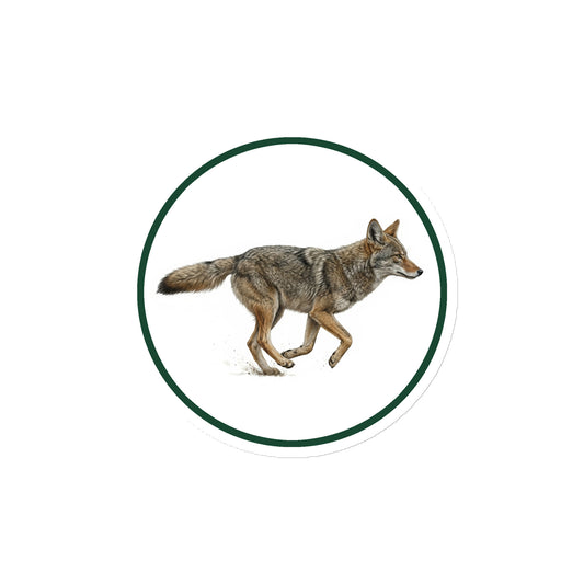 Product mockup of Coyote Circular Magnet, a 4" die-cut magnet featuring a realistic coyote within a green circle.