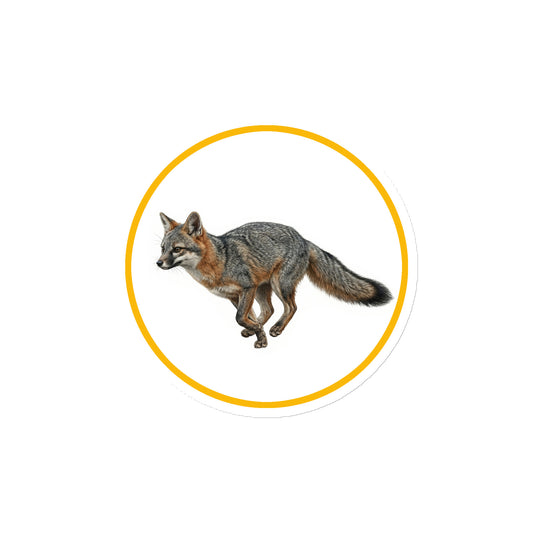 Product mockup of Gray (Grey) Fox Circular Magnet, a 4" die-cut magnet featuring a realistic fox within a yellow circle.