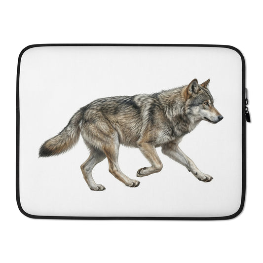 Product mockup of 15 inch Gray Wolf Laptop Sleeve. This sleeve is white with zipper and features a realistic illustration of a Gray Wolf in a running pose.
