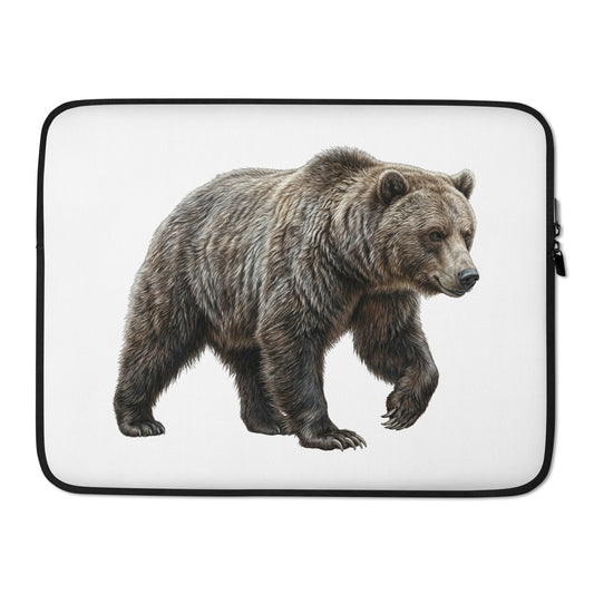 Product mockup of 15 inch Grizzly Bear Laptop Sleeve. This sleeve is white with zipper and features a realistic illustration of a Grizzly Bear in a running pose.