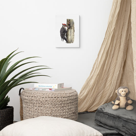 Gallery-wrapped canvas of The Hungry Hour, about Pileated Woodpecker parenting, hanging on a wall with surrounding home furnishings. Illustrated by Suzanne Matheson, 2017.
