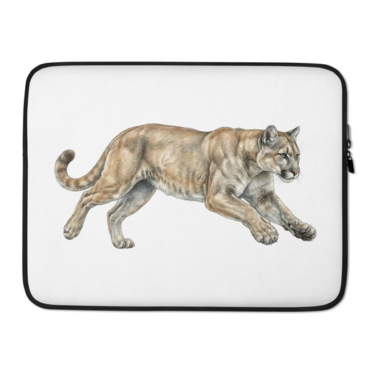Product mockup of 15 inch Mountain Lion Laptop Sleeve. This sleeve is white with zipper and features a realistic illustration of a Mountain Lion (cougar) in a running pose.