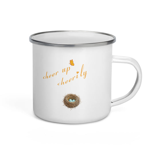 Product mockup of Robin Discovery Enamel Mug, a white mug with a silver rim and the back design, a nest of robin-blue eggs, "cheer up cheerily."