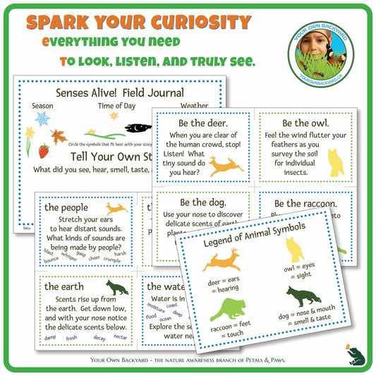 Inspiration text for using this product at the top, with Your Own Backyard logo in the top right corner. Main image area gives a closer look at the card and field journal template design, along with the animal guides legend. "Your Own Backyard - The Nature Awareness Branch of Petals & Paws" running along the bottom.