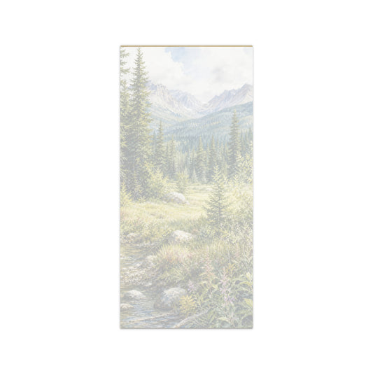 Timberline Brook magnetic notepad, 4.25″ × 9″ (10.8 cm × 22.9 cm). Overall design of Rocky Mountain Icefields terrain.