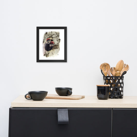 Black framed print of Two at the Door, about Pileated Woodpeckers, hanging on a wall with surrounding home furnishings. Illustrated by Suzanne Matheson, 2017.