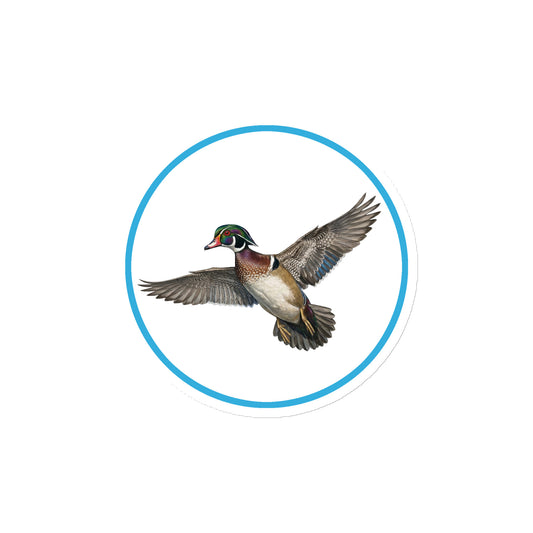 Product mockup of Wood Duck Circular Magnet, a 4" die-cut magnet featuring a realistic duck within a blue circle.