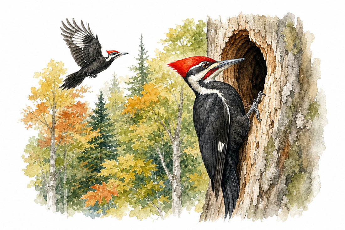 Male and female pair of pileated woodpeckers in a beech-maple forest. Male is at the nesting cavity. Female is flying in the distance.