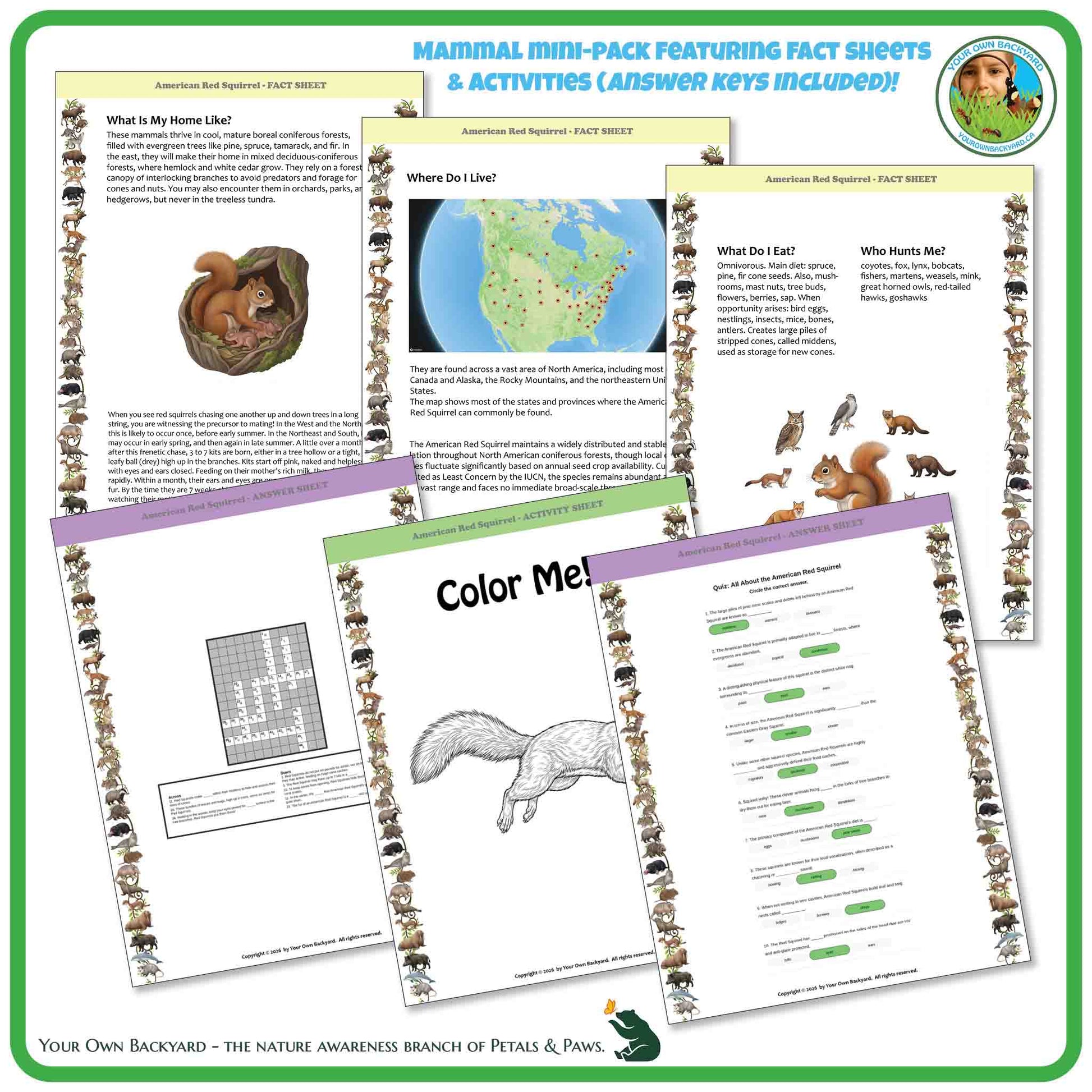 Educational materials featuring fact sheets and activities on animals with a nature-themed border.