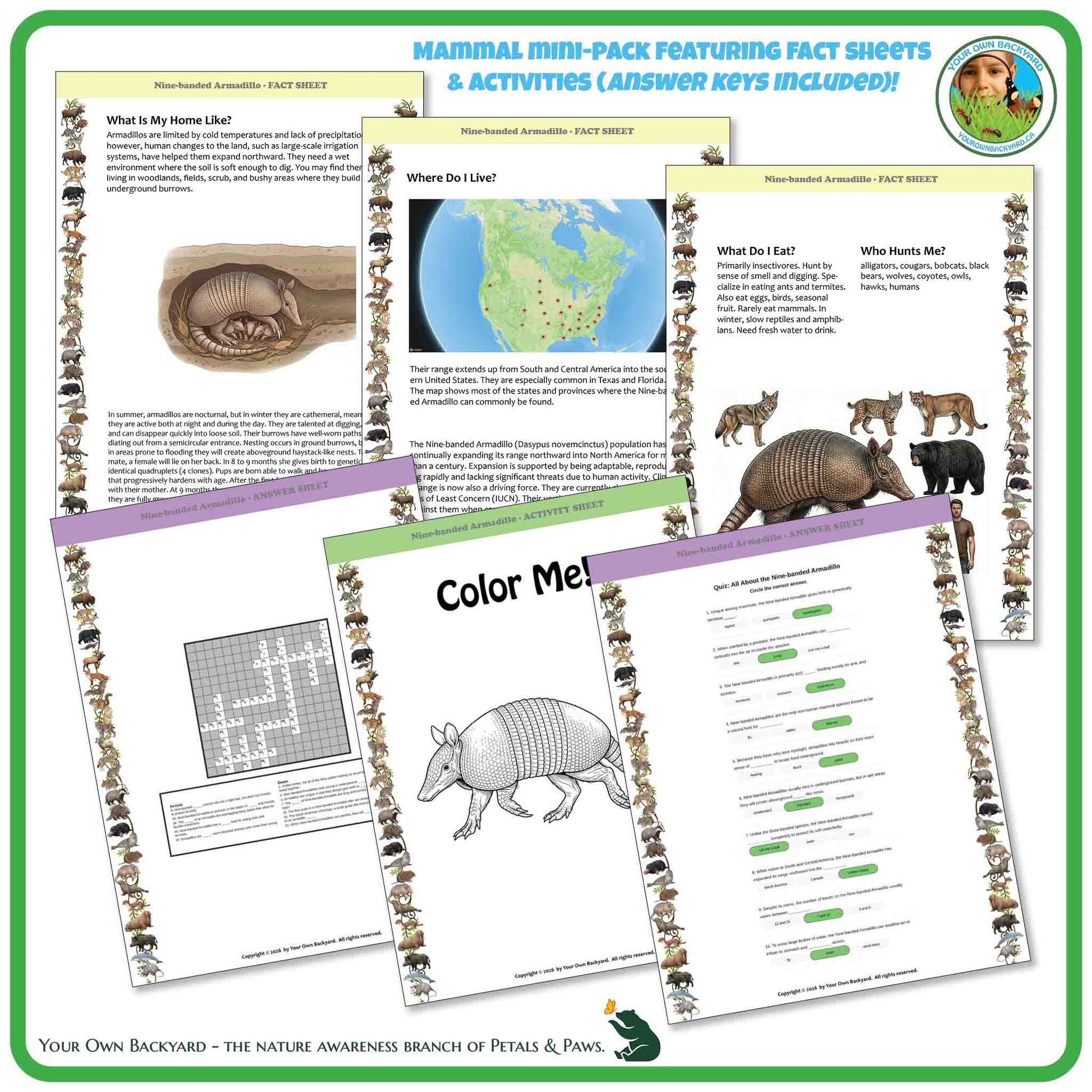 Educational materials on armadillos with fact sheets and activities included.