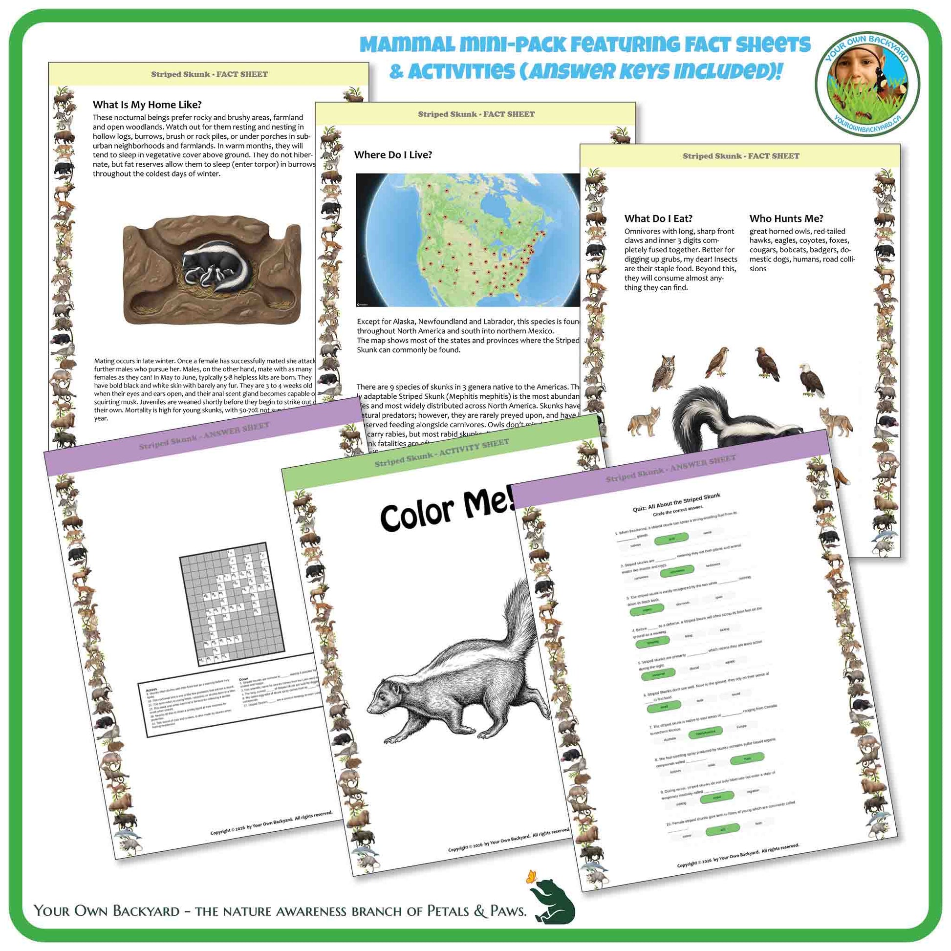 Educational materials on a white background with animal illustrations and text.