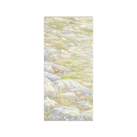Alpine Air magnetic notepad, 4.25″ × 9″ (10.8 cm × 22.9 cm).  Overall design of Rocky Mountain Icefields terrain.