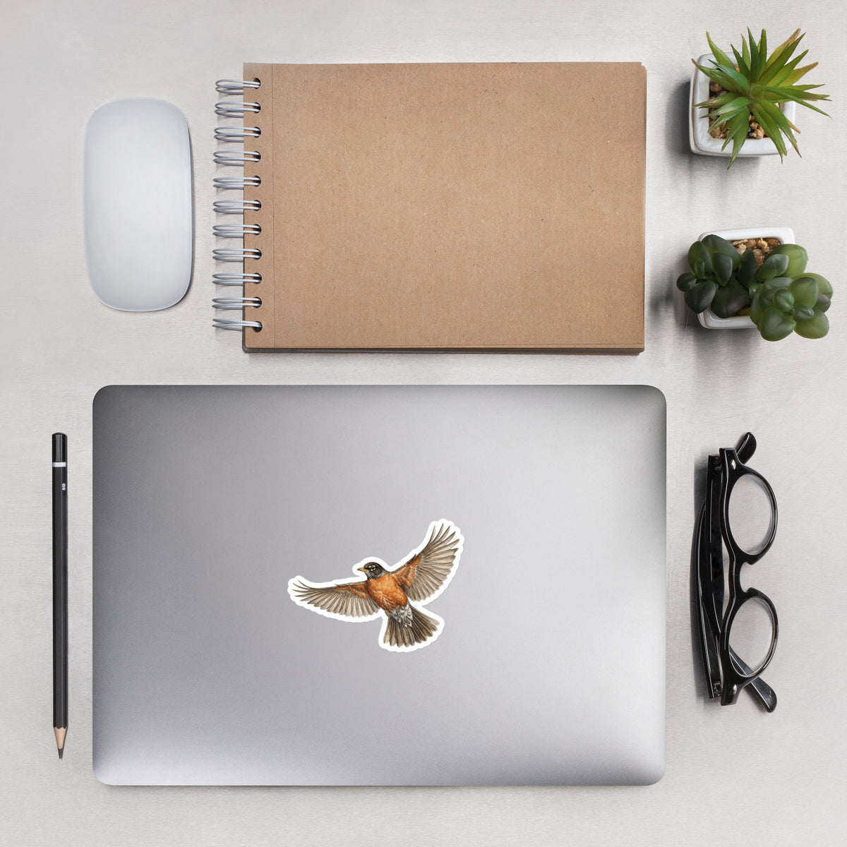 Product mockup of 4" wide American Robin kiss-cut sticker shown on a laptop lid with reading glasses, stationery supplies and potted plants nearby.