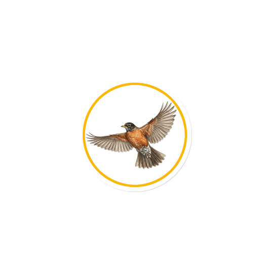 Product mockup of American Robin Circular Magnet, a 3" die-cut magnet featuring a realistic flying American robin within a yellow circle.