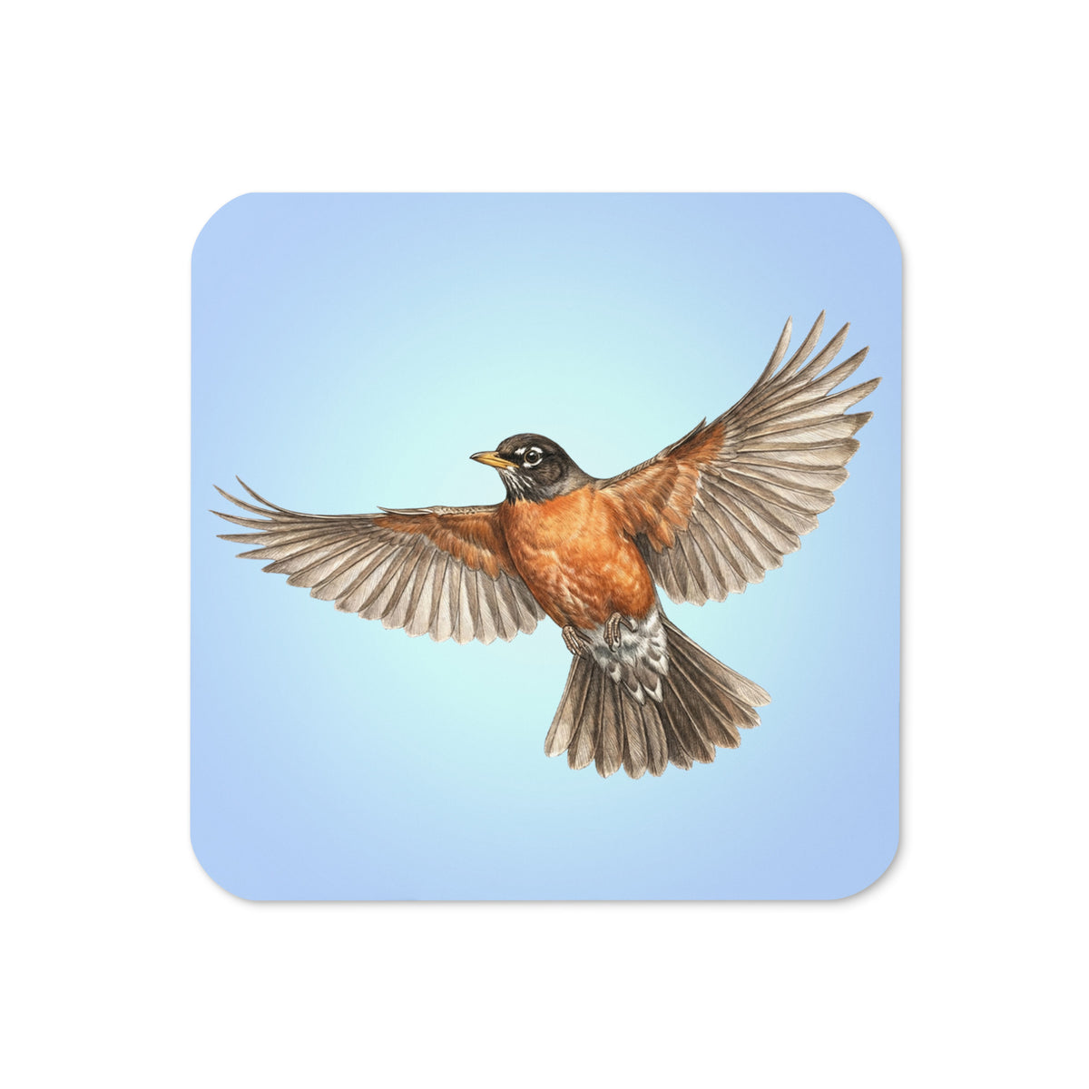 Product mockup of the front of American Robin cork-backed, square coaster.  The robin is flying against a clear blue sky.