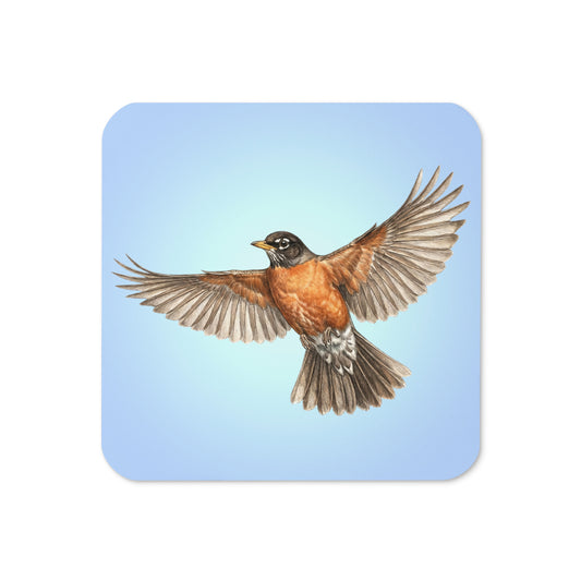 Product mockup of the front of American Robin cork-backed, square coaster.  The robin is flying against a clear blue sky.