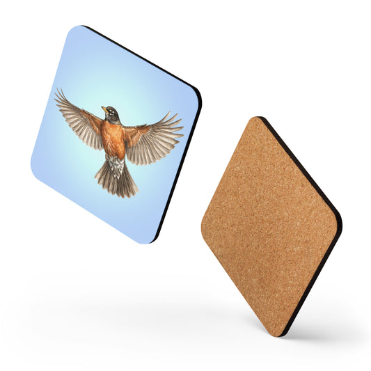 Two square American Robin coasters appear to be dancing against a white background, one showing robin flying against a clear blue sky on the front, while the other shows the cork on the back. 