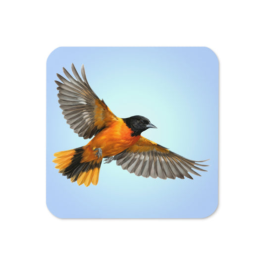 Product mockup of the front of Baltimore Oriole Coaster cork-backed, square coaster.  Design is an oriole is flying against a clear blue sky.