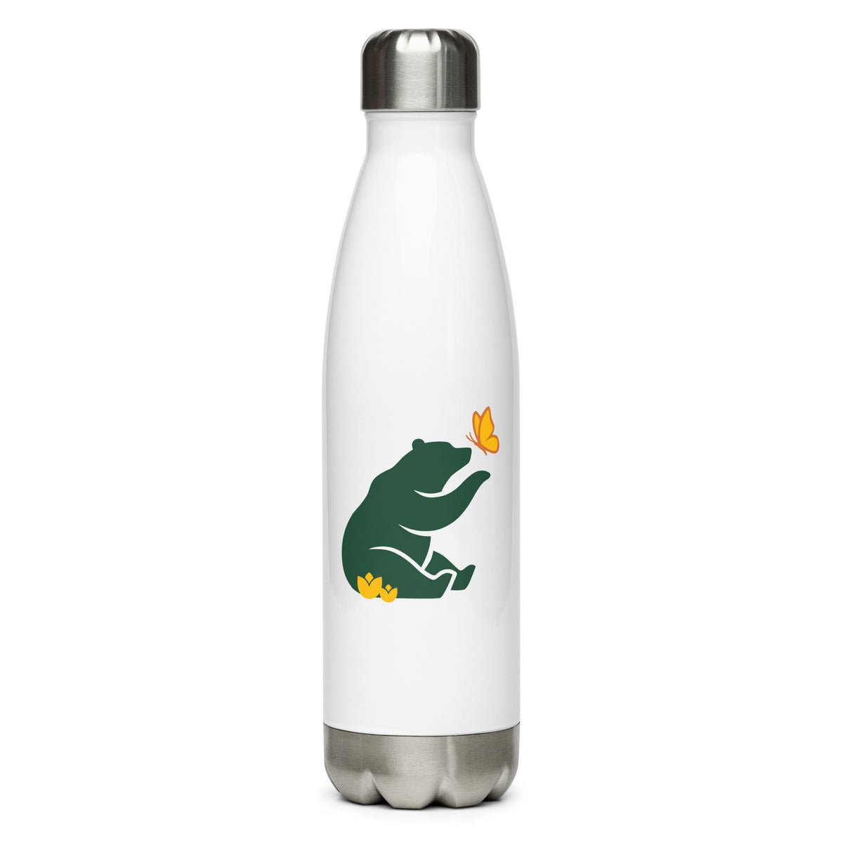 Product mockup of 17 oz Beary Cool Water Bottle, a stainless steel bottle, mostly clean white, with the Petals & Paws logo graphic, a green bear reaching out with a paw toward a butterfly, while sitting in flowers on two opposing sides.
