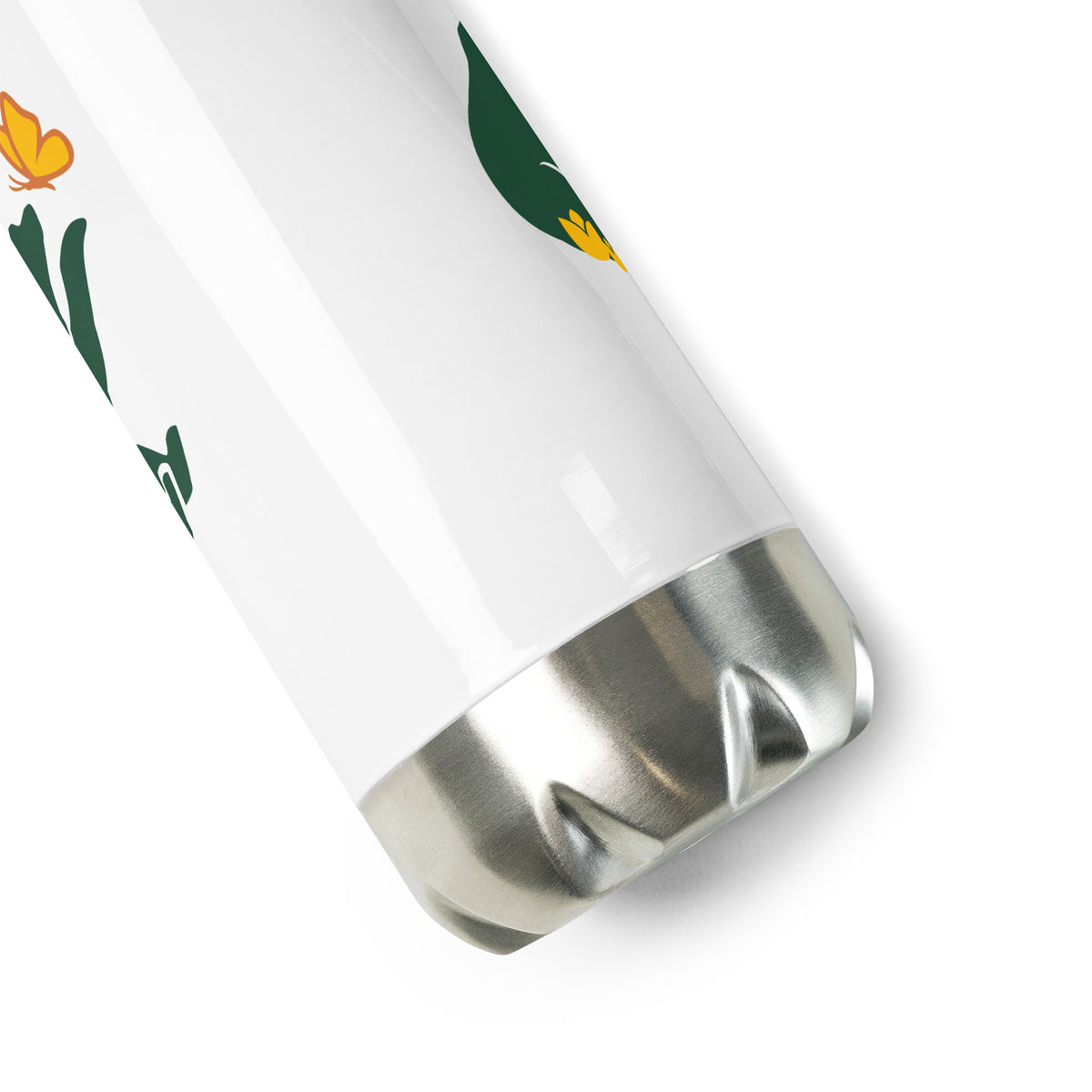 A portion of the Beary Cool Water Bottle showing as it lays on a white background to reveal the structure of the stainless steel base.