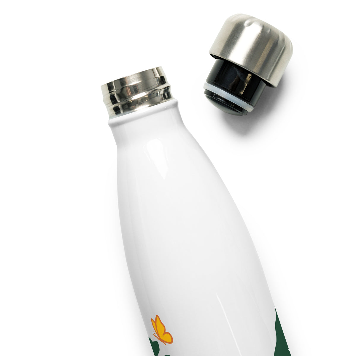 A portion of the Beary Cool Water Bottle showing as it lays on a white background with the lid off to expose the stainless steel rim and full features of the twist cap.