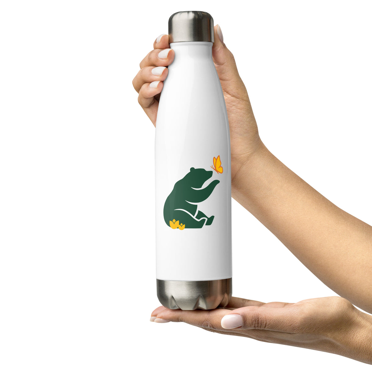 The 17 oz Beary Cool Water Bottle, with the Petals & Paws green bear logo graphic held in a woman's two hands, presentation-style.