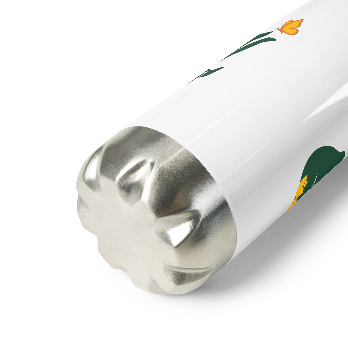 A portion of the Beary Cool Water Bottle showing at a three-quarter view as it lays on a white background to reveal the structure of the stainless steel base.