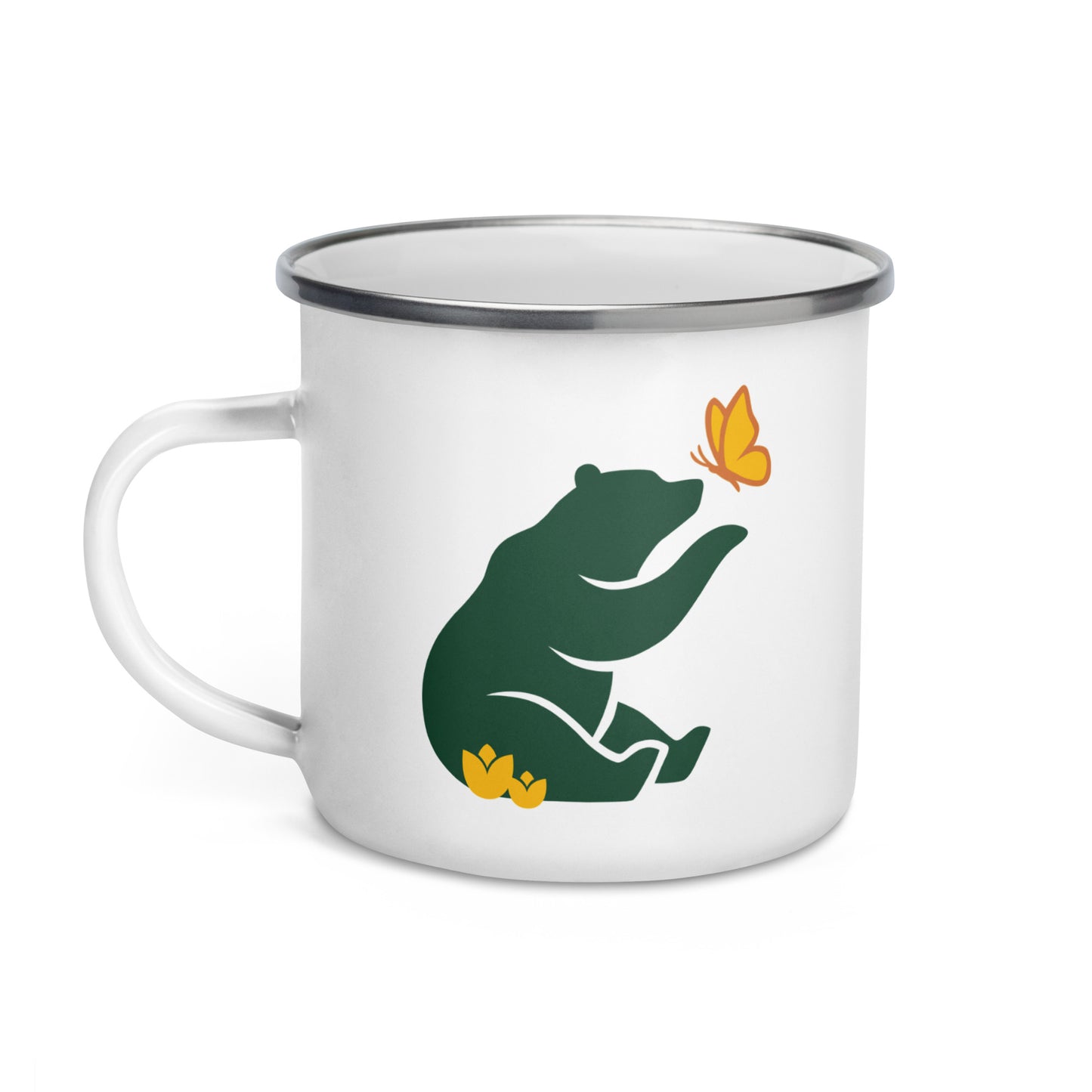 Product mockup of Petals & Paws' Beary Good enamel mug for left-hand orientation.  Bear facing drinker, text on other side.