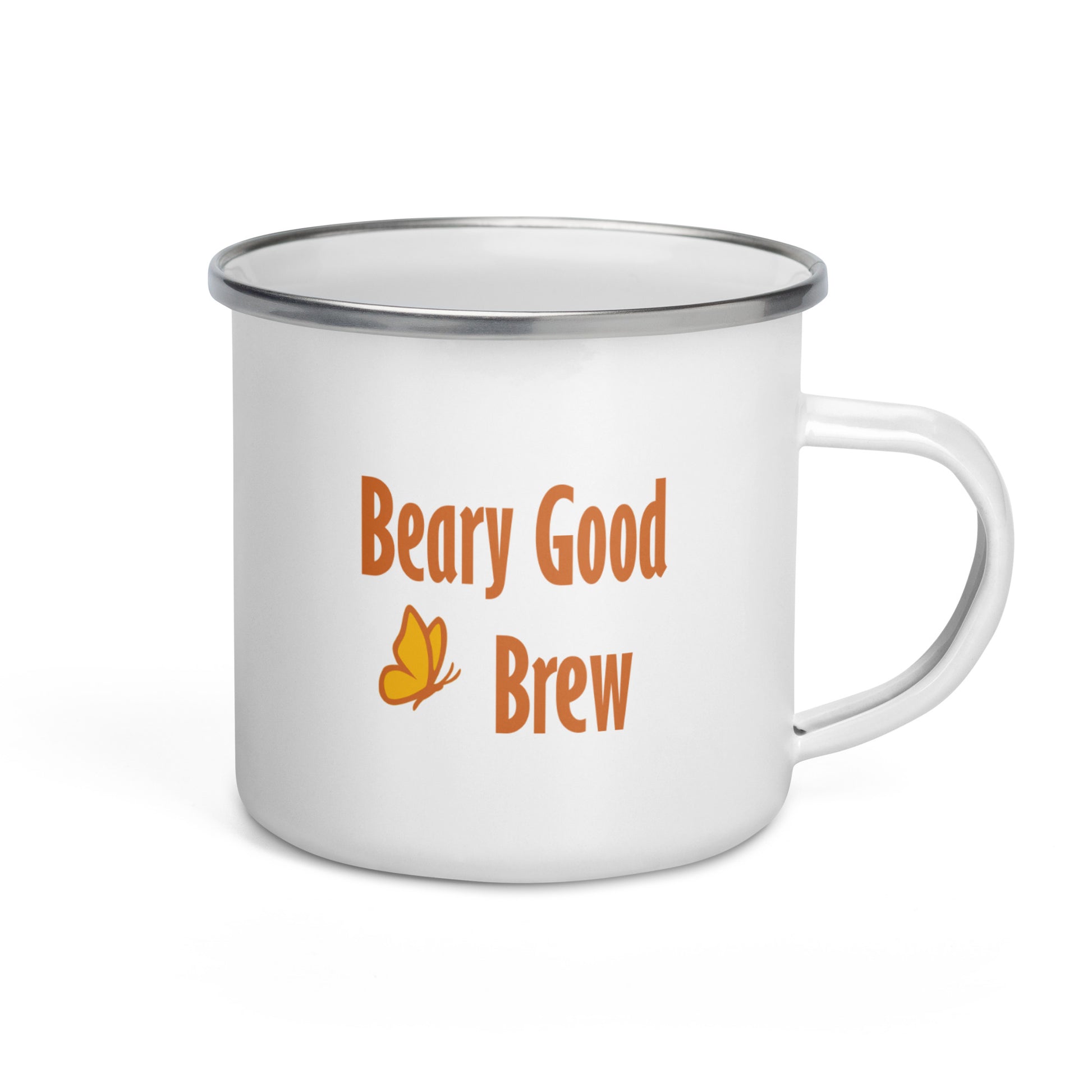 Product mockup of Petals & Paws' Beary Good enamel mug for left-hand orientation.  Shows the text that faces out when drinking.