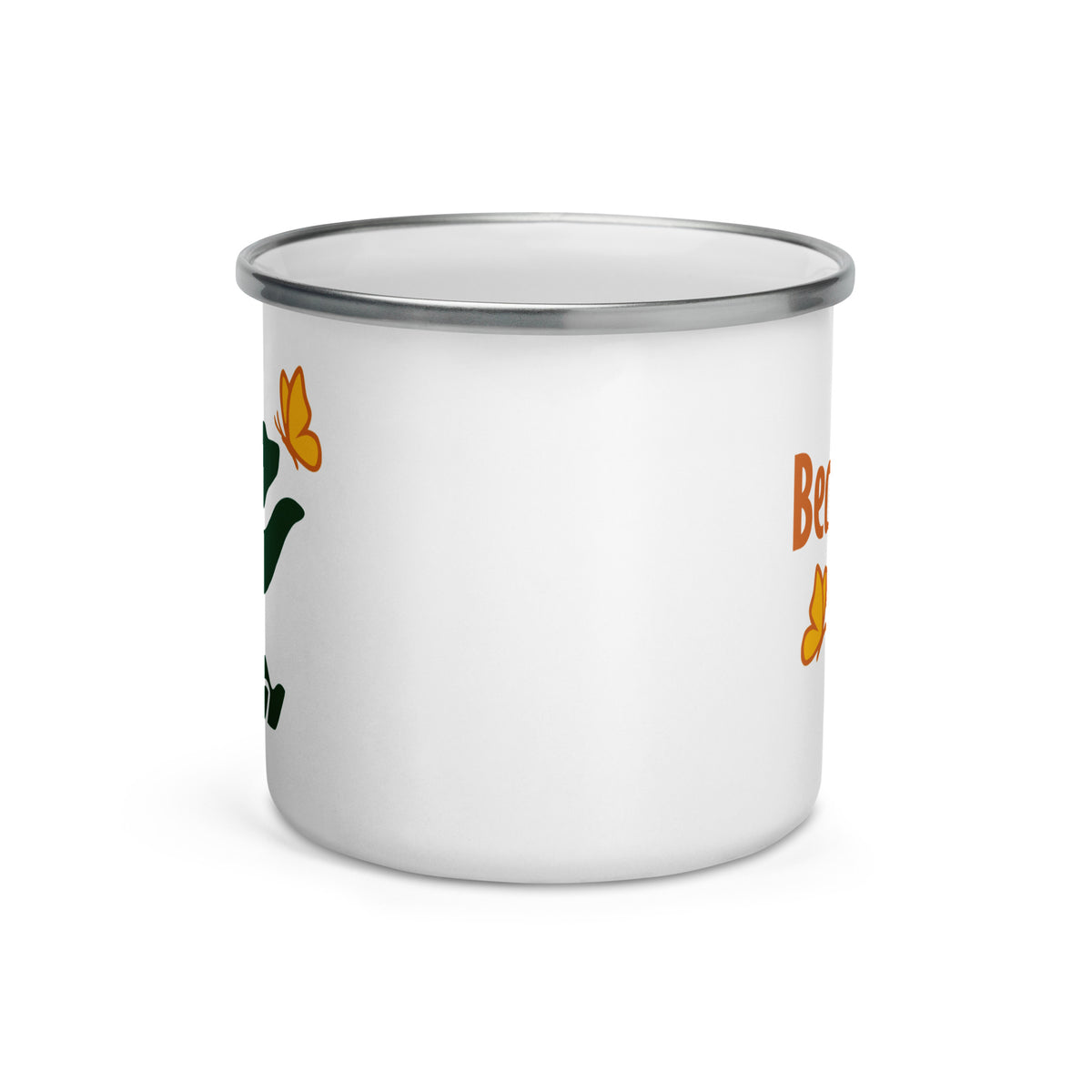 Side view of Beary Good Enamel Mug with left-hand orientation. A portion of the bear graphic and text can be seen on either side of the pure white between.