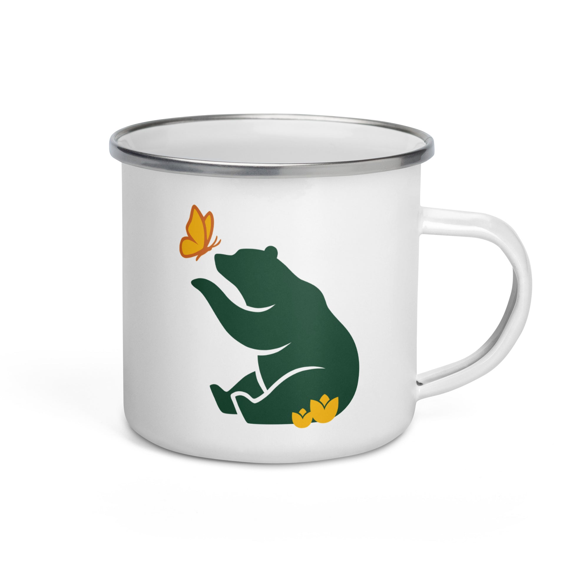 Product mockup of Petals & Paws' Beary Good enamel mug for right-hand orientation.  Bear facing drinker, text on other side.
