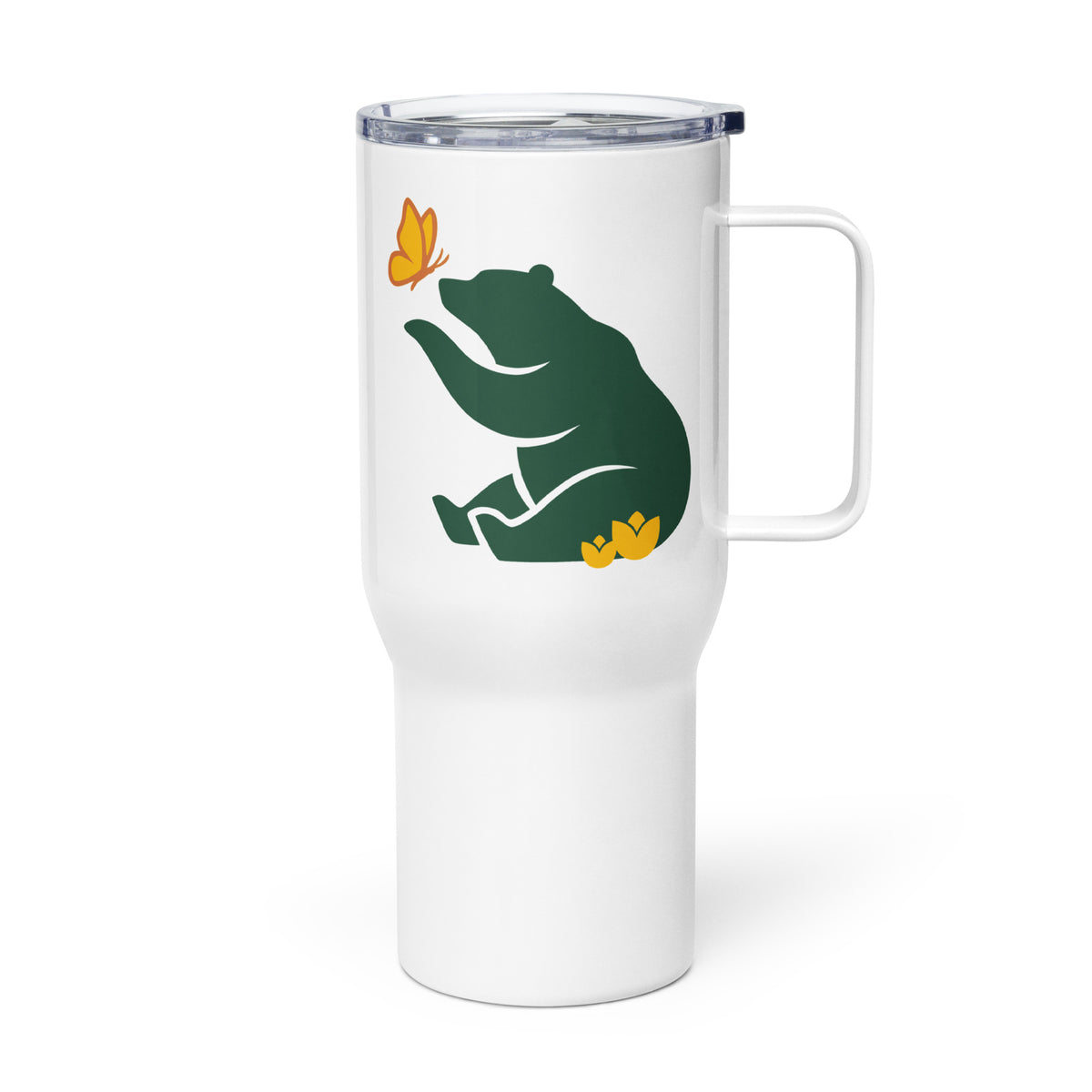 Product mockup of Petals & Paws 25 oz Beary Good Travel Mug for right-hand orientation.  Petals & Paws green graphic bear facing drinker, text on other side.