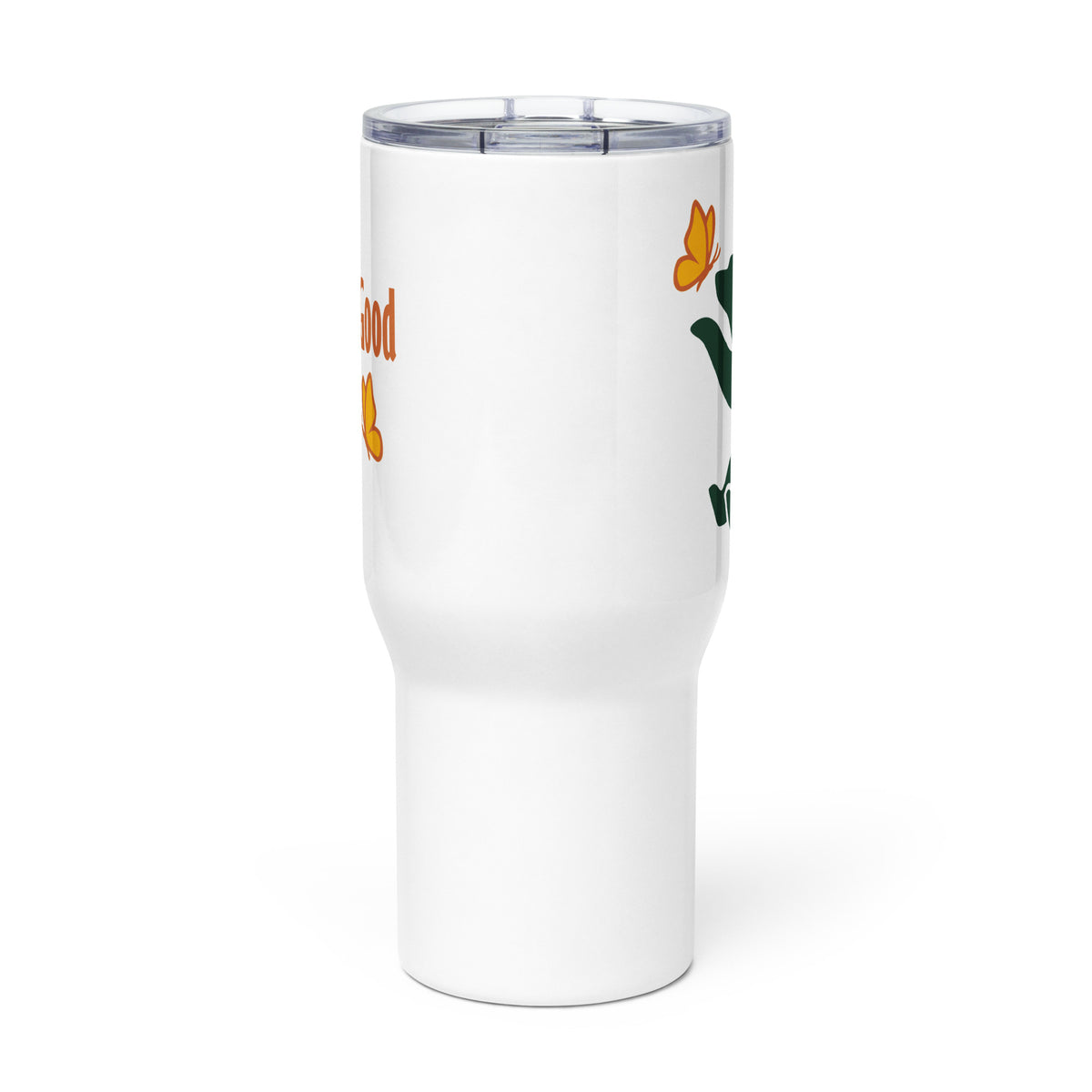 Side view of 25 oz Beary Good Travel Mug with right-hand orientation. A portion of the bear graphic and text can be seen on either side of the pure white between.