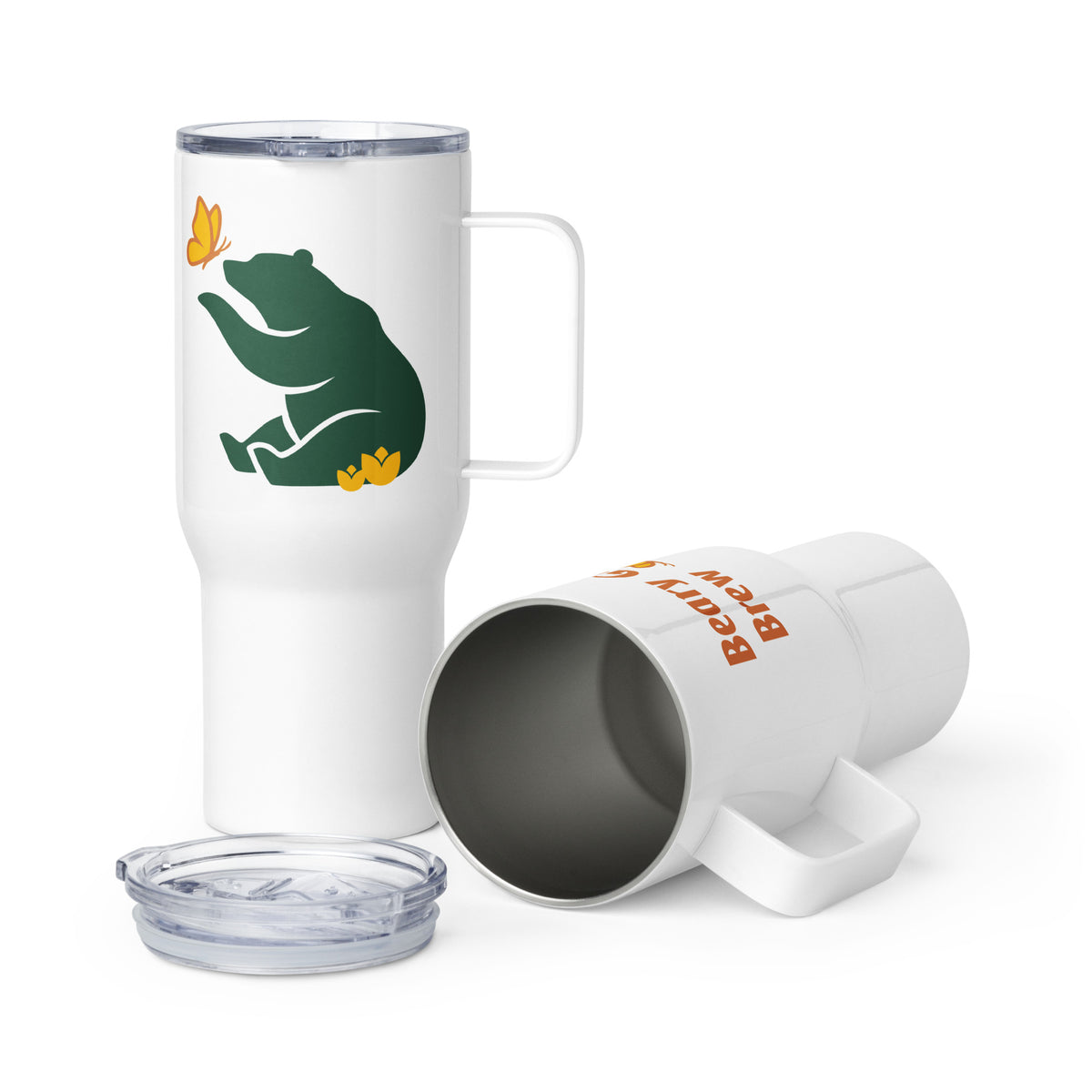 Two 25 oz Beary Good Travel mugs, one standing tall while the other lays on its side. Both have lids. The one standing tall shows Petals & Paws green graphic bear. The one on its side reveals the shape of the lid and the stainess steel mug interior.